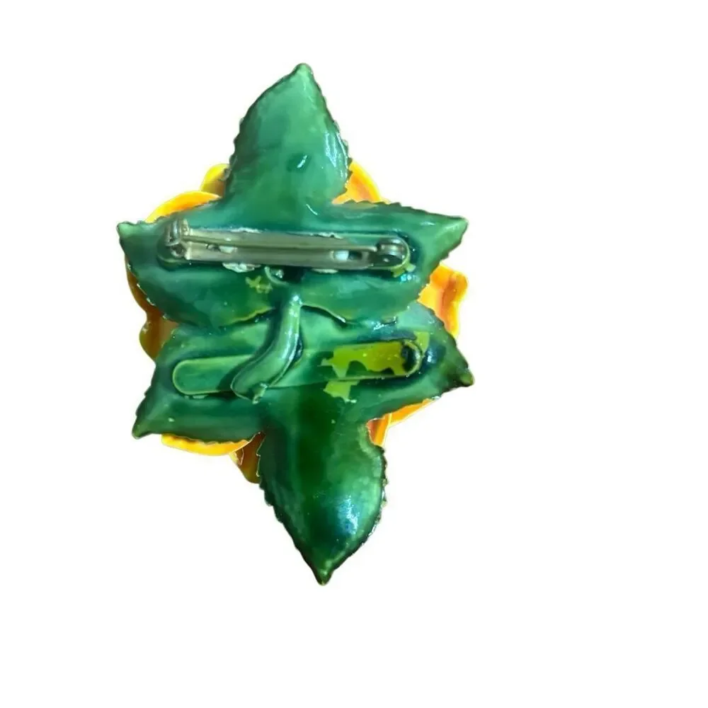 Vintage Yellow Rose Enamel Flower Brooch Green Leaves